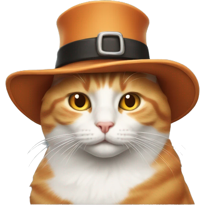 An orange and white cat wearing a pilgrim hat emoji