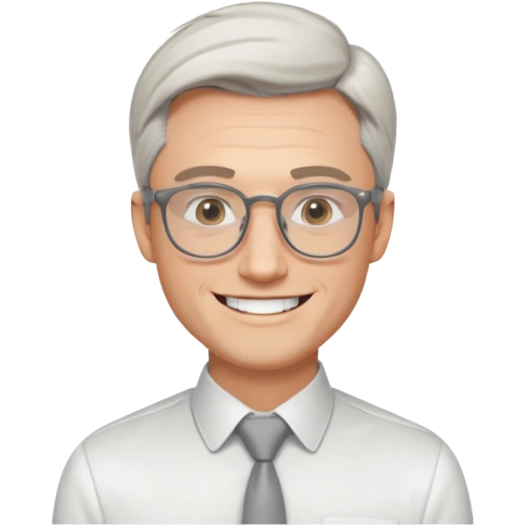 30 yr old pale white man, white/grey side swept stylish hair, round glasses, big smile, white teeth, handsome, longer hair, thin glasses, white dress shirt, smooth forehead, botox, no tie emoji