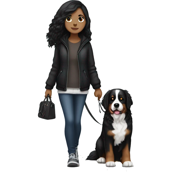 Gothic white girl with black hair walking a bernese mountain dog  emoji