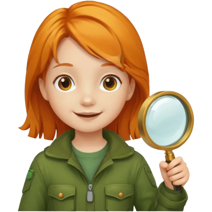 braid orange haired girl kid in moss green explorer outfit, holding magnifying glass, smile emoji