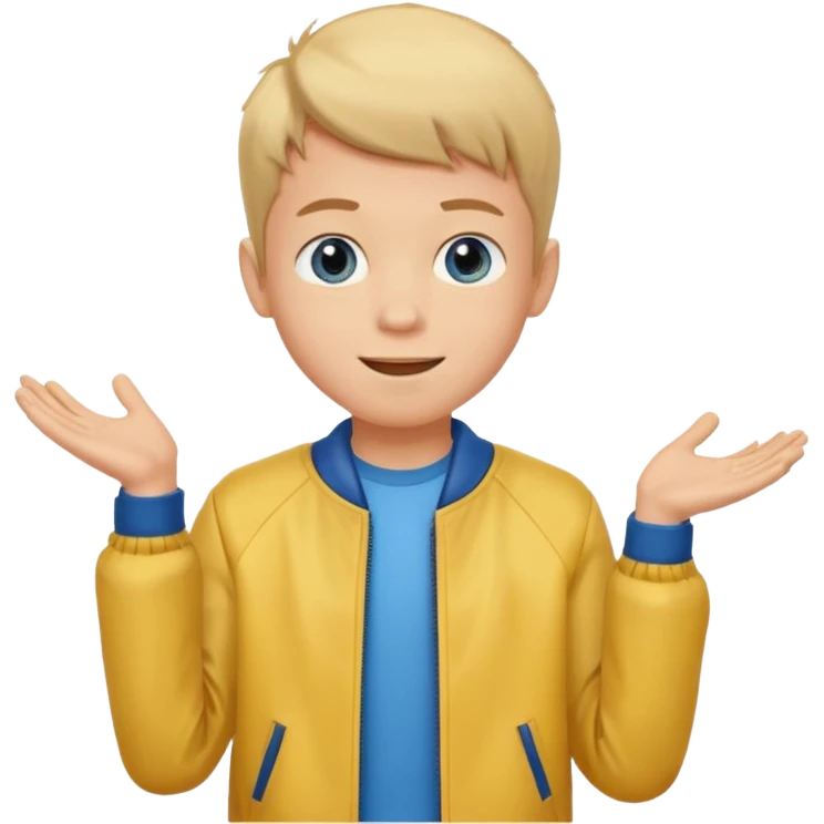 boy with good hair cut shrugging his shoulder, wearing yellow jacket and smile emoji