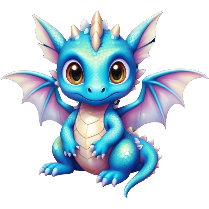 Airbrush painted image of an adorable little baby dragon with large glistening eyes sitting beside a tree under a deep galactic sky with pearlescent scales and wings spread against the stars emoji
