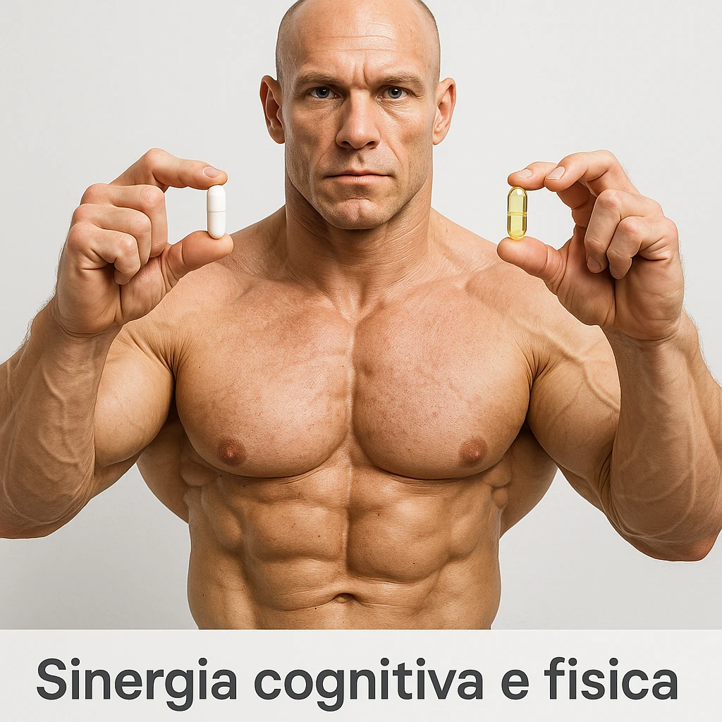 hyper realistic bodybuilder holding capsules of citicoline and acetylcarnitine, well visible muscles, white background, text 'Sinergia cognitiva e fisica', clinical atmosphere emoji