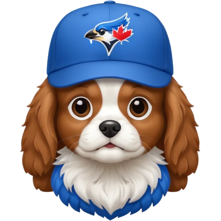 King Charles Cavalier dog wearing a blue jays baseball hat emoji