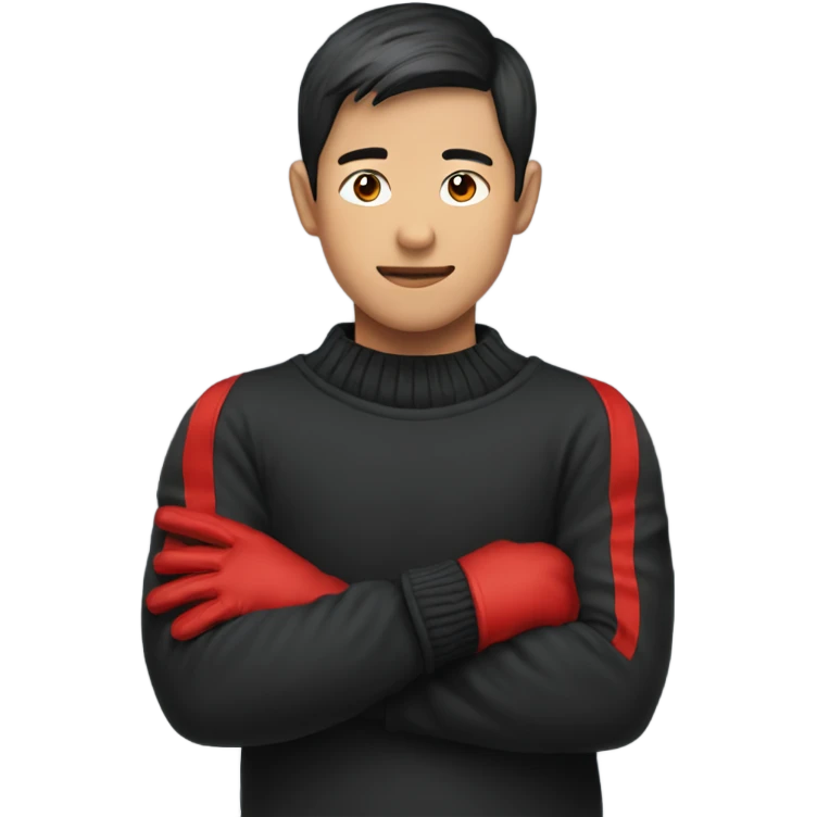 Asian boy wearing red gloves on hands and black sweater emoji