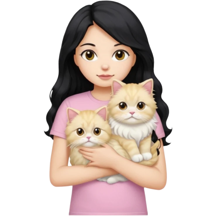 a girl with long wavy black hair using a baby pink t-shirt holding a blonde persian cat emoji