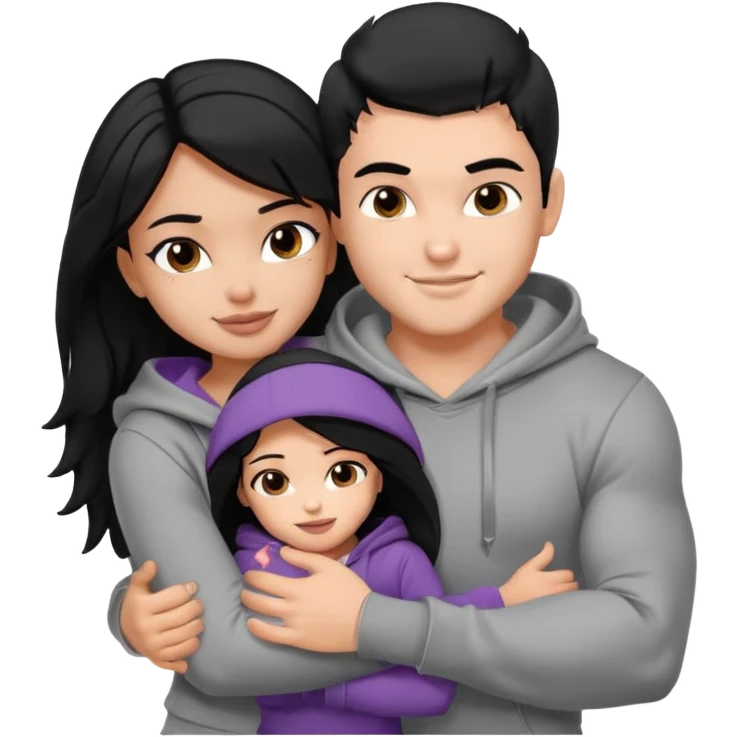 a pretty bratz boy with black hair and a grey hoodie, big biceps, hugging a girl with dark brown hair emoji