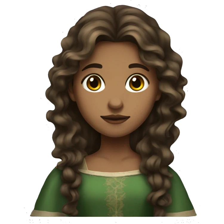 girl with brown long wavy hair, brown black eyes, green medieval dress emoji