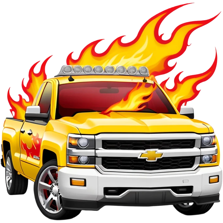 Bright yellow Chevrolet Silverado with bold airbrushed red flame artwork covering entire hood and extending to fenders, authentic Kill Bill custom paint job, 30-degree angle, iOS emoji style emoji