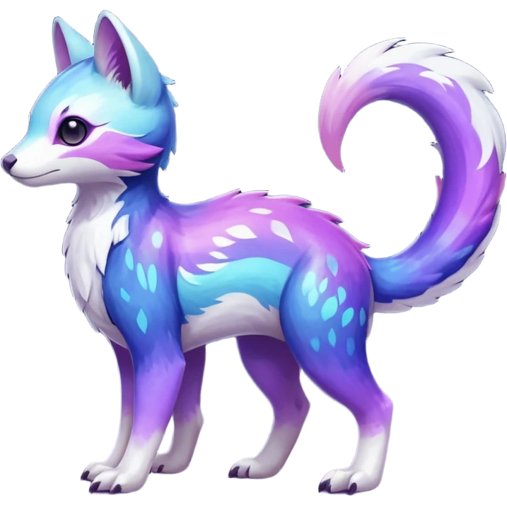  Shiny iridescent glossy oily smooth silky soft White with indigo-Violet-purple-pinkish-gradient markings beautiful handsome gorgeous aesthetic colorful vibrant Vernid-Trico-species-Fakemon-creature by LiLaiRa, 4 legs, 1 tail, random markings, (full body) emoji