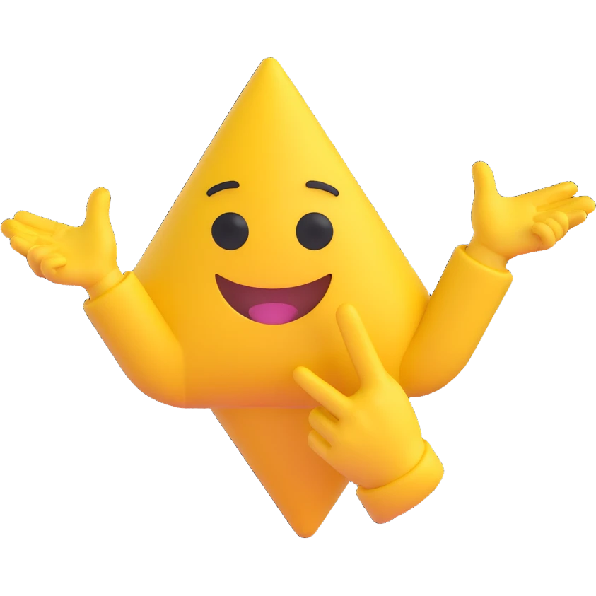 A 2D cartoon-style yellow emoji with a mischievous smile, triangle-shaped eyes, and both hands pointing upward with index fingers.  clean digital style, and a fun, dancing expression. Style similar to children’s drawing tutorials, dancing expression. No background, isolated on white.  emoji