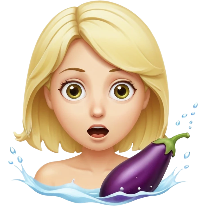 blond woman with wide eyes, eggplant squirting a visible stream of water from the tip, surprised face emoji