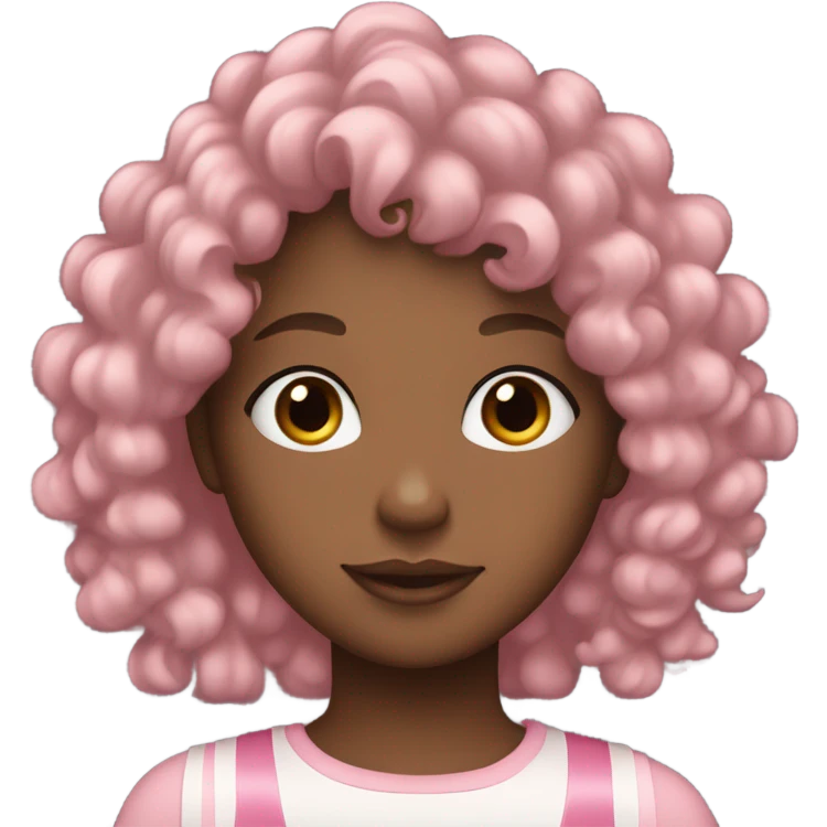 Black girl with curly hair and bangs with a light pink ribbon on the right side of her hair emoji