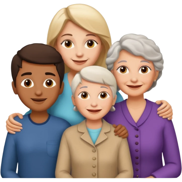 two kids (1 brown boy and 1 white girl) with their mother and grand mother smiling emoji