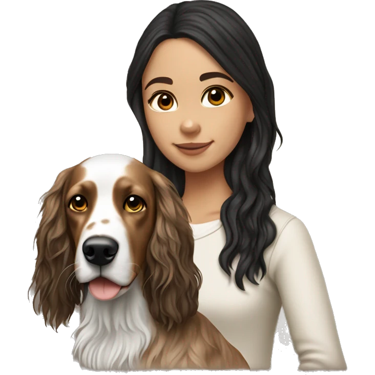 hyperrealist caucasian girl black long hair, brown eyes, light skin with brown english setter dog emoji
