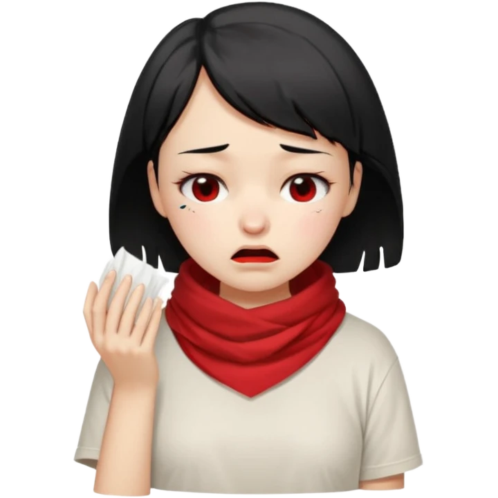a pretty bratz fair girl crying in a loose oversized off white tshirt and red scarf with short black hair with a tissue box emoji