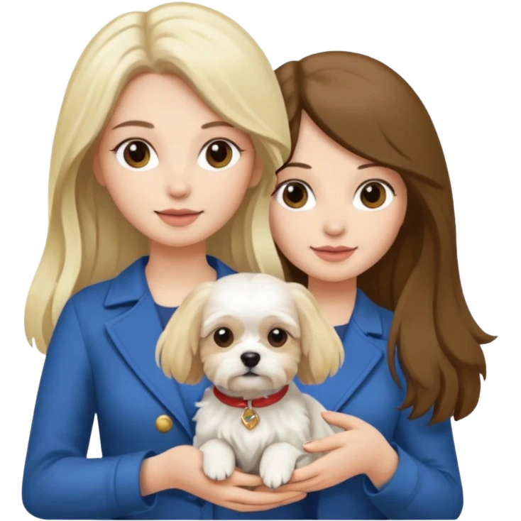 two women are holding only one Maltese dog. one woman is brunette the other woman is blonde long haired  emoji