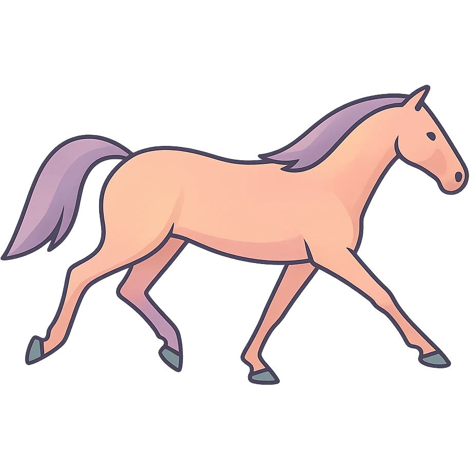 Edit the image of a horse in the pose shown in the reference. Render it in a Chinese Eastern style with thin, clean contours and soft rounded shapes. Use a pastel color palette including #98B5BC, #B5B3C1, #C9A3C9, #E4C0CA, #F7DCD1, #F7C0AA. Add detailed shadows and highlights with soft lighting. The background should be transparent. The horse should appear less cute and have no decorative elements. emoji