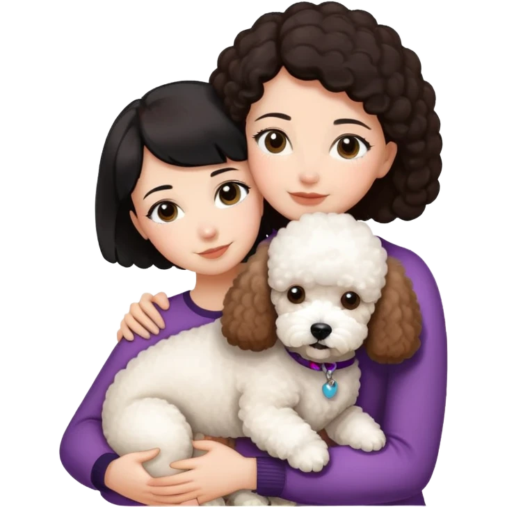 Woman with short black straight hair hugging a brown poodle and a white bichon frise emoji