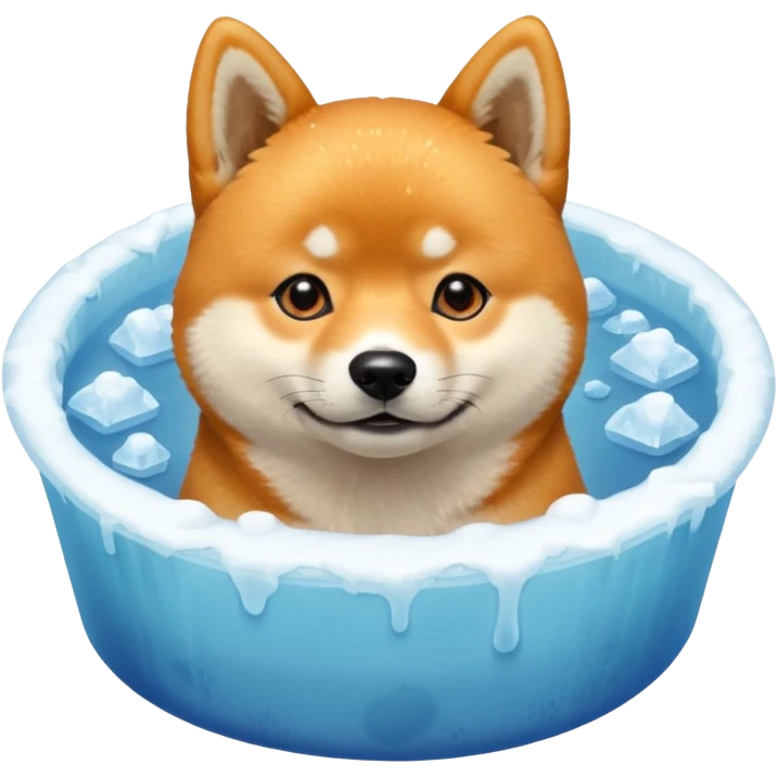 ice bath with a dog in id from wood round. write ice bath  on the ice bath and make it high quality. the dog is a shiba inu. the ice bath has a lot of ice and on the floor emoji