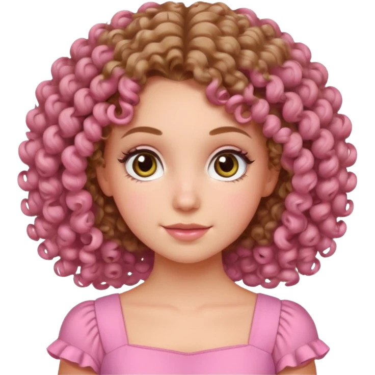 White girl with Fizzy curly hair and hazel eyes with dimple in her right cheek and wear pink dress  emoji