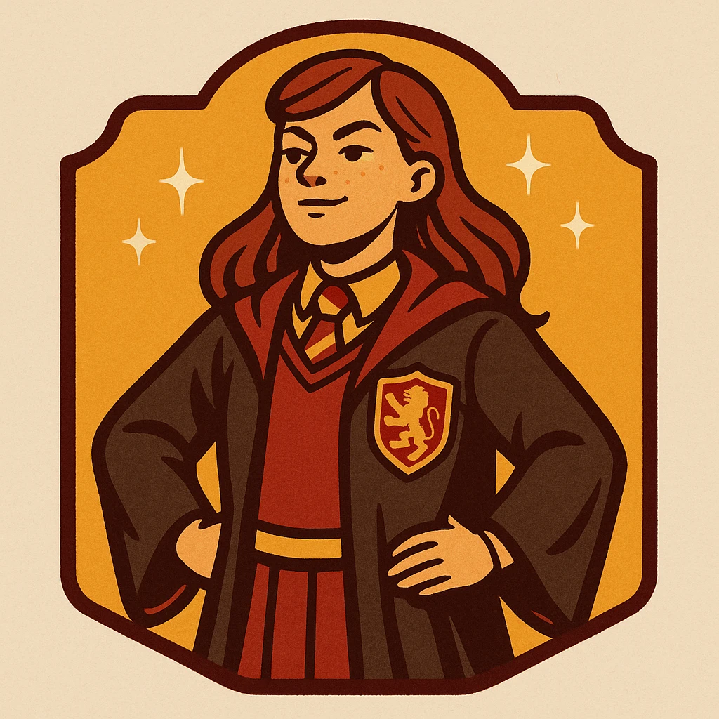 A stylized badge for Gryffindor's head girl, showing a girl in Hogwarts robes with a lion crest, bold red and gold colors, magical sparkles, and a sense of leadership. emoji