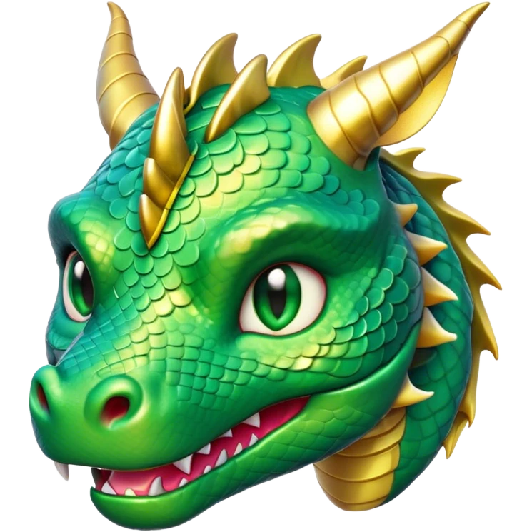 Cinematic Cute Dragon Portrait Emoji, Head tilted playfully and inquisitively, featuring a sleek, serpentine form adorned with iridescent scales that shift between emerald and gold, a delicate set of subtle horns, and round, sparkling eyes full of curious magic; rendered with realistic detail and warm natural light, high shine, affectionate and enchanting, styled with a touch of whimsical fantasy, soft glowing outline, capturing the essence of a mischievous yet lovable dragon that seems poised to slither playfully into your arms! emoji