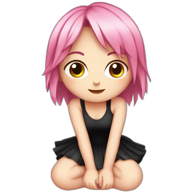 Full body Front view curvy emo girl pink hair sits on the floor straight view hands up black skirt полосатые рваные чулки emoji