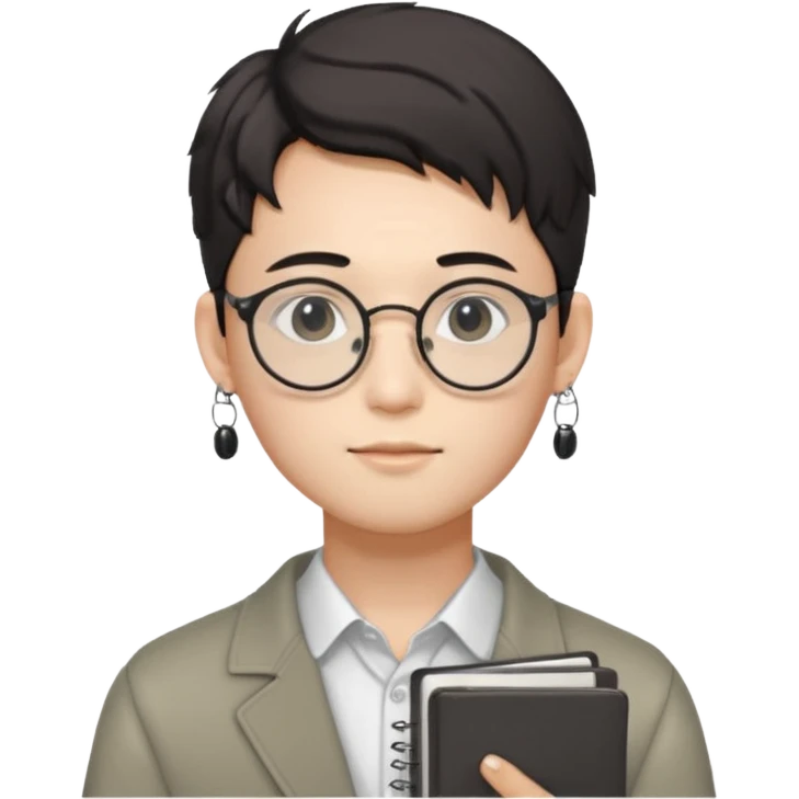 korean male guy 20s wearing an apnotebook, wearing radio earrings, round glasses, achromatic clothes, and achromatic clothes. emoji