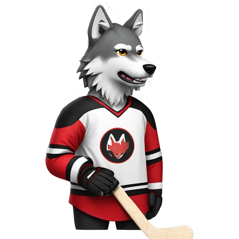 A wolf in a red black and white hockey uniform with a wolf emblem emoji
