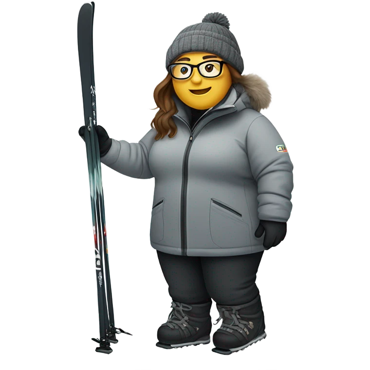 chubby female skier with long hair, glasses, grey snow jacket, black pants and black skis without ski poles emoji