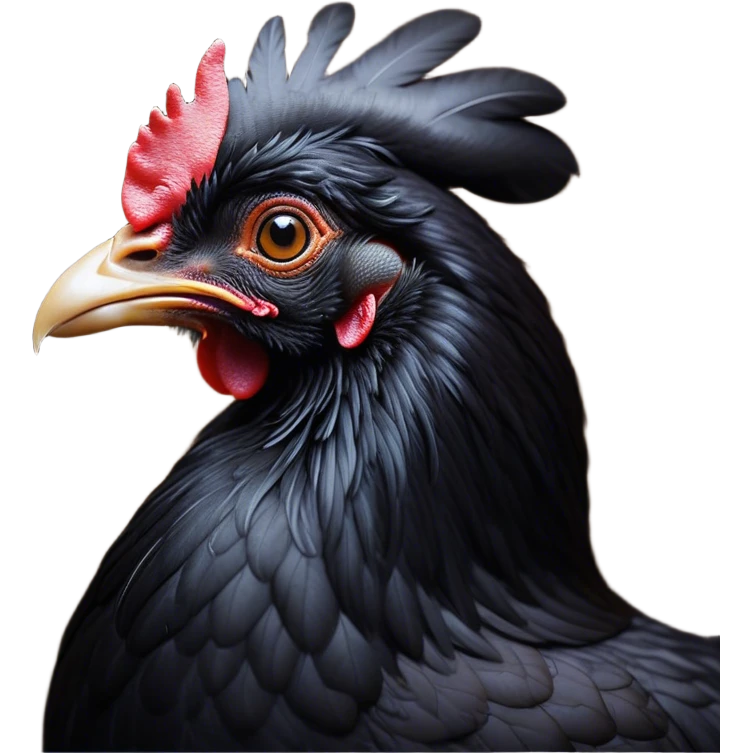 Cinematic Noble Black Chicken Portrait Emoji, Poised and regal, with a compact, sturdy build and a glossy, well-groomed pure black plumage, deep-set soulful beady eyes, Simplified yet sharp and sophisticated features, highly detailed, glowing with a soft, dignified glow, high shine, intelligent and alert, stylized with an air of mysterious elegance, focused and attentive, soft glowing outline, capturing the essence of a watchful and confident fowl, so majestic it feels as though it could strut out of the screen with effortless authority! emoji