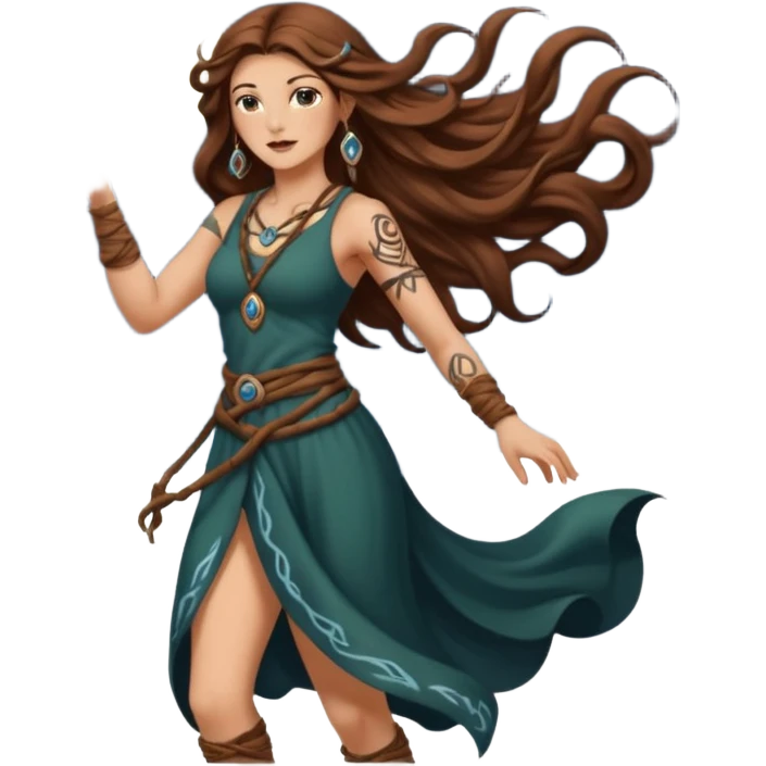 moon druid woman long wavy brown hair tattoos pulling rune card from air emoji