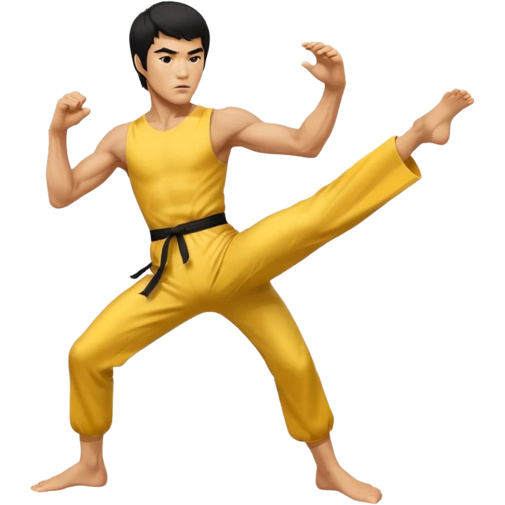 fierce Bruce Lee, high kick, determined face, yellow jumpsuit emoji
