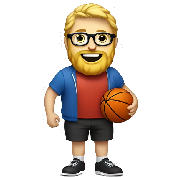 a blond guy with a beard, glasses, and a goofy grin, who has a thick face but isn't fat, holding a basketball in one hand and a volleyball in the other with a whistle around their neck. Should be wearing shorts and a t-shirt and red crocs. emoji