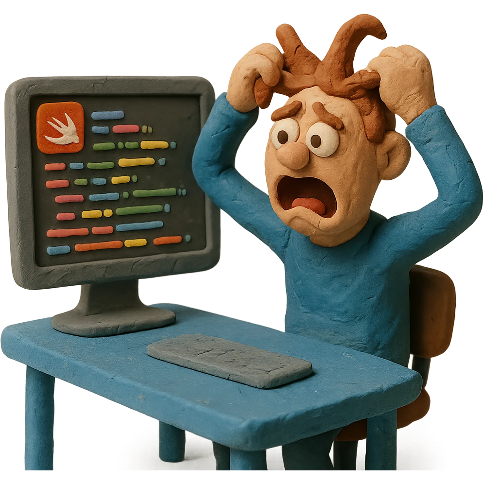 developer pulling their hair out over a Swift code editor, claymation style emoji