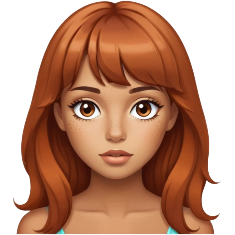 pretty freckled, bangs , long brown hair baddie with makeup emoji