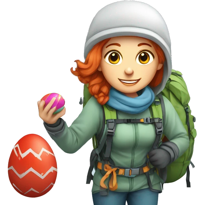 Female winter mountain climber red hair climbing, Greek flag on backpack and holding Easter eggs basket emoji