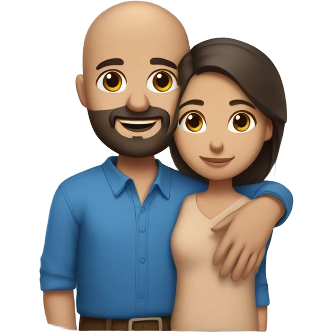 Comforting hug from brunette Puerto Rican with dark brown eyes wearing a cute blue blouse to short, bald man with brown eyes and a beard emoji