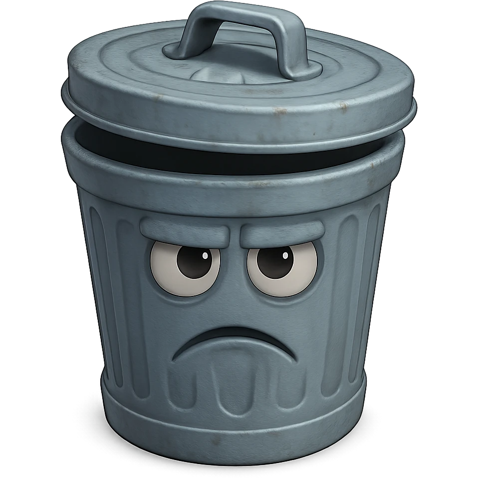 Draw a Pixar-style trash can. The trash can should be visible from the front and top—negative face, eye, and mouth. emoji