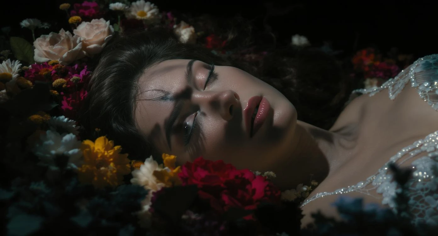 Camera drom top, Motion blur Extreme Closeup photo of a beautifull woman lay around beautifull colorfull flowers, cinematic light, 8K, very detailed, sharp, depth (foreground, midground, background) Spotlight, dark environemnt emoji