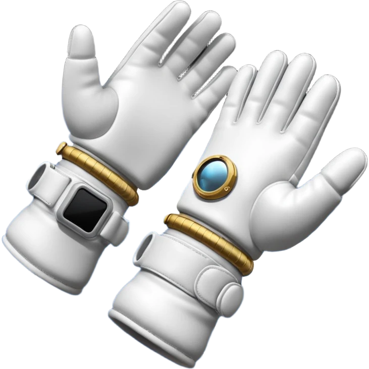white pressurized astronaut gloves with metal wrist rings floating in space, 3D emoji style emoji