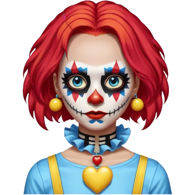 wendy thomas  the clown from gta rp nopixel she has a blue sun on covering right eye with three yellow lines below her right eye and above her left eye. she has long bright red hair and light blue eyes with ablack heart choker and black bunny ears. with a skeleton shirt emoji