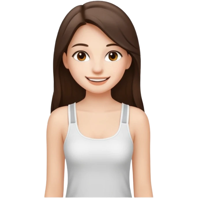 a pretty bratz fair girl with straight brunette long hair, middle partition. wearing a white thin strap trap tank top, smiling, wearing light makeup. very pretty. emoji