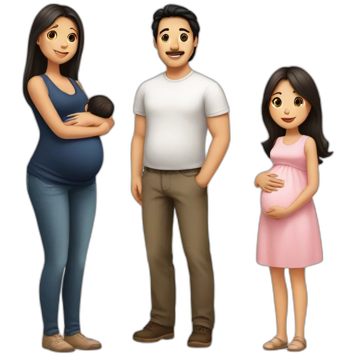 dad with black hair, pregnant mum with long brown hair, baby girl with light brown hair emoji