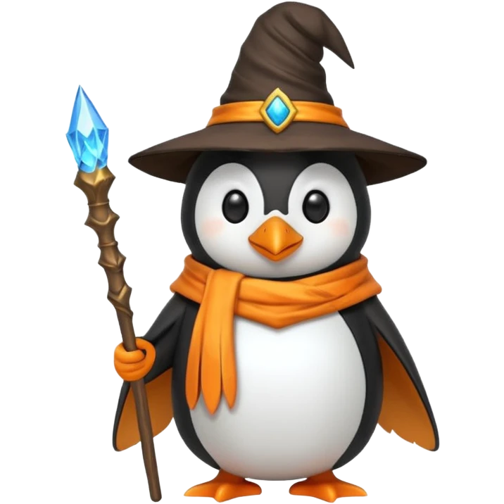 penguin dressed as a wizard, with a pointy hat and a magic staff, emoji style emoji