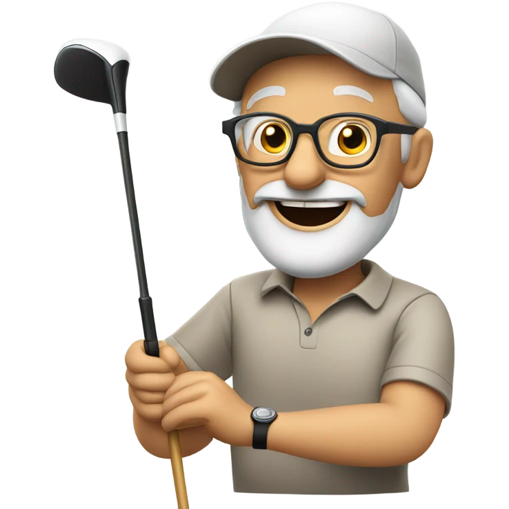 Beardless smiling elderly man with in glasses swinging a golf club and wearing a cap emoji