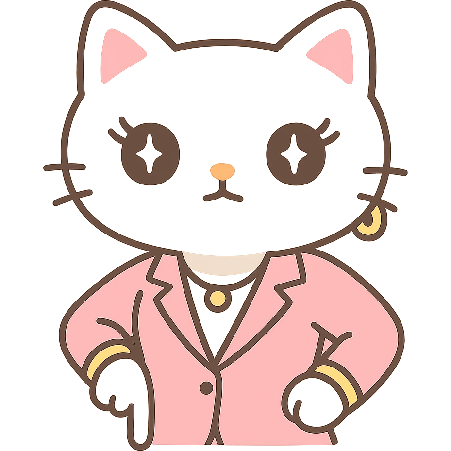 Add hands in the 'periodt' meme pose (one hand on hip, other hand pointing down with attitude), keep the character stylish corporate cat, Hello Kitty inspired, kawaii style. emoji