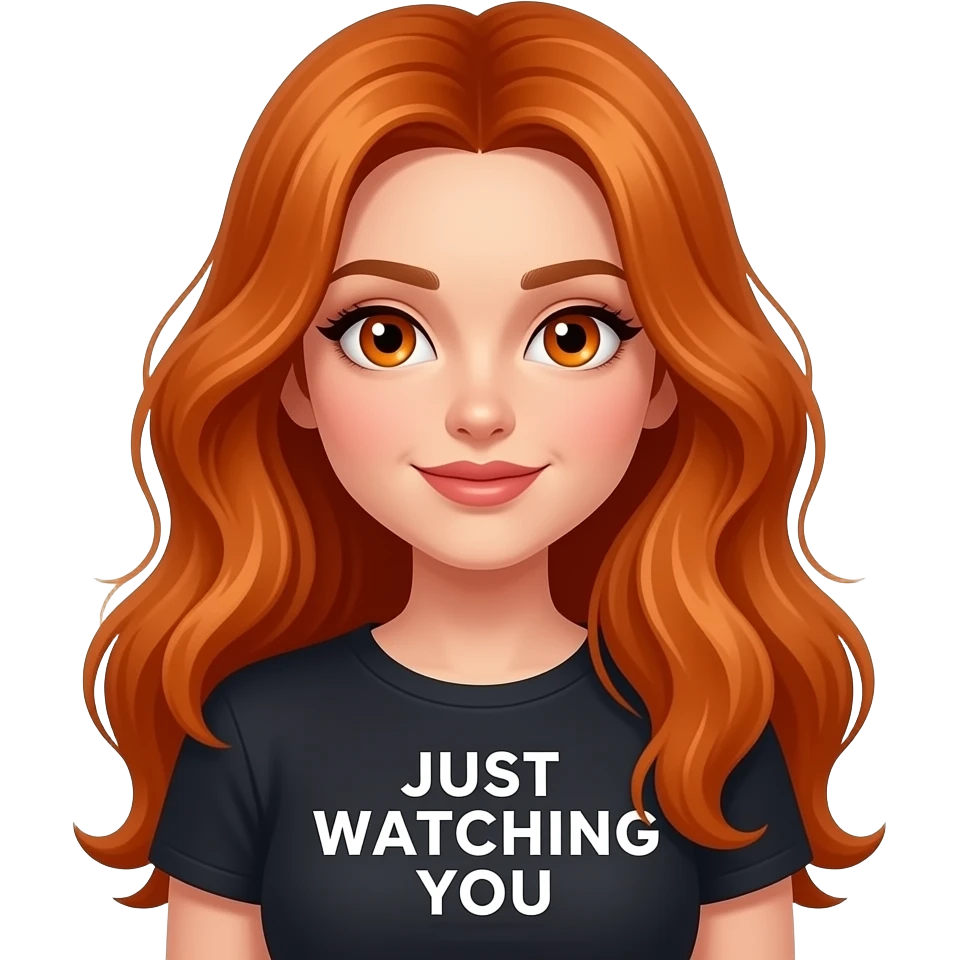 sexy girl with overlong ginger hair and ginger eyes a top with ... JUST WATCHING YOU written on it emoji