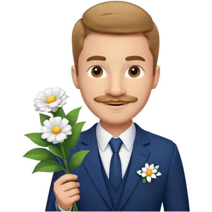 Homme 23 ans léger bouc moustache pas trop épaisse en costume bleu foncé chemise blanche insigne cabin crew portant bouquet fleur blanche souriant  emoji